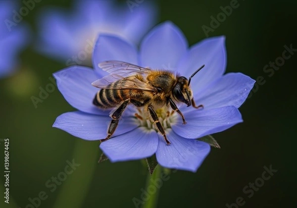 Obraz Portrait of a Honey bee sitting on a beautiful blue flower with bokeh flower field landscape background on a beautiful sunny day