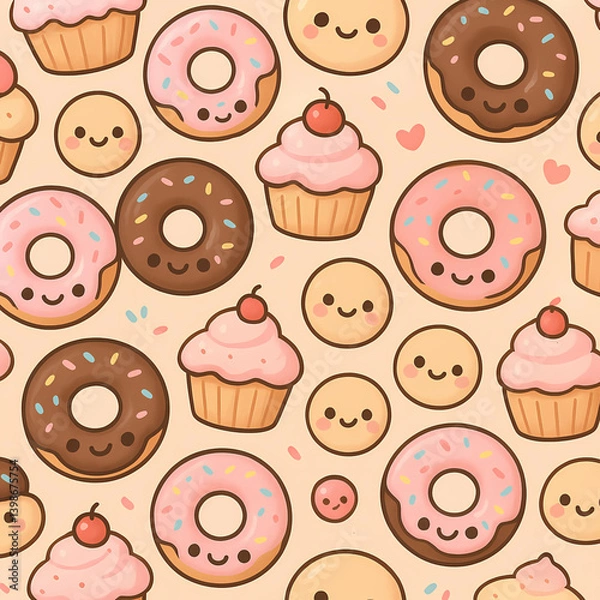 Obraz Kawaii dessert pattern with donuts