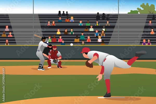 Obraz Baseball Match With Crowd Watching Vector Illustration