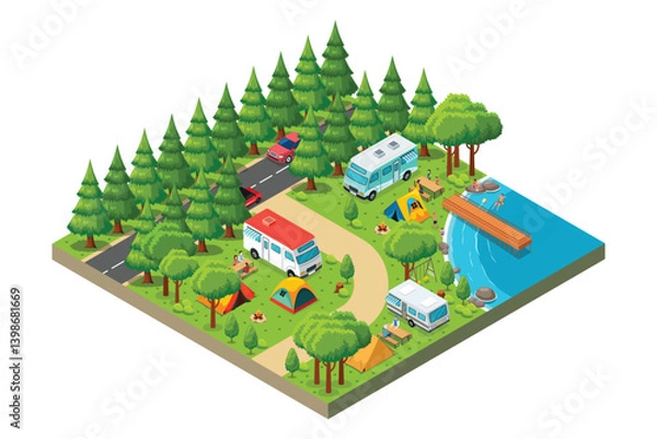 Obraz Isometric Camping RV Outdoor Vector Illustration