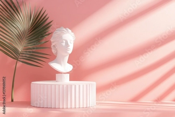 Fototapeta Abstract pink and white background with a sculpture of a woman's head, a tropical leaf, and a podium for product presentation in a minimal design