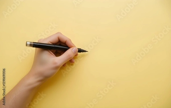 Fototapeta Overhead view photo of hand holding a blank black marker on pastel yellow background, hand writing on a paper