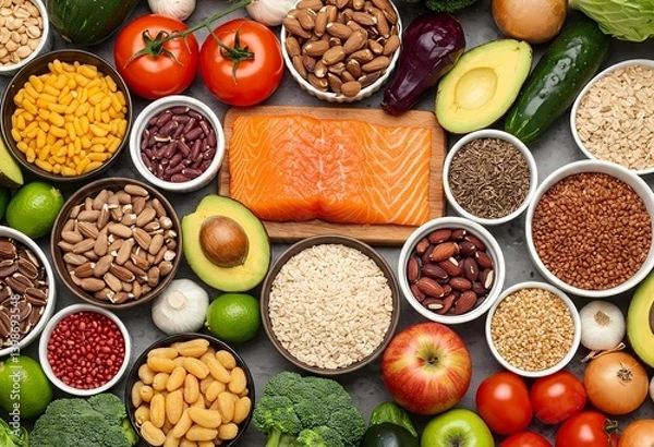 Obraz Overhead View of Colorful Spices and Vegetables for Healthy Eating