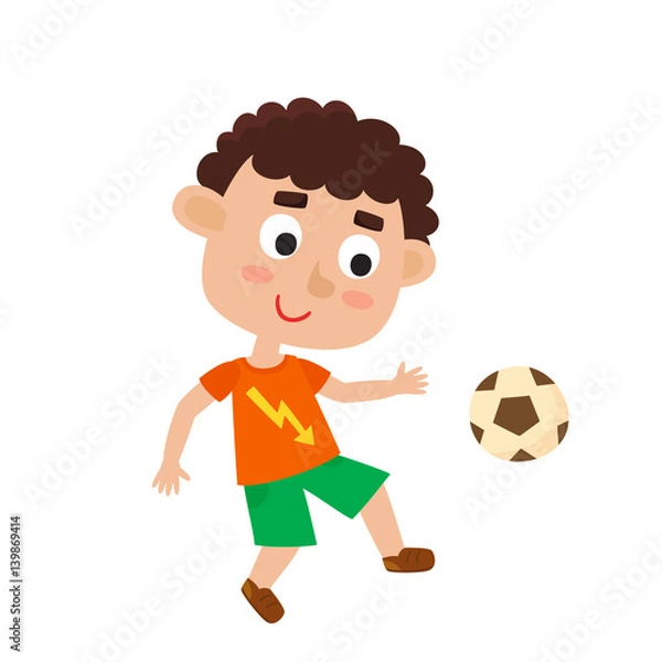 Fototapeta Vector illustration of little boy playing football in cartoon style