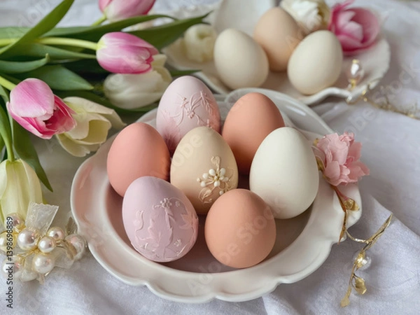Fototapeta Elegant Easter Eggs on Plate with Tulips Background