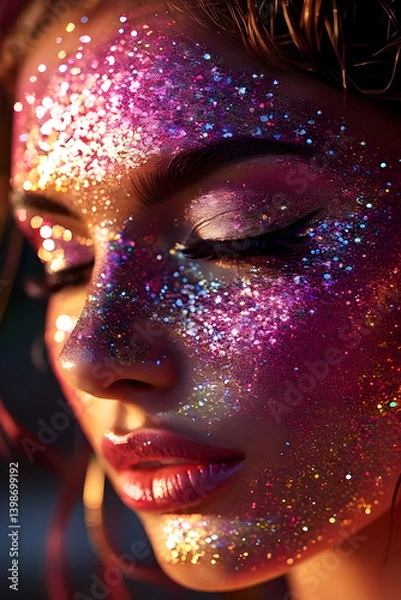 Fototapeta Woman with glitter makeup look with sparkling attire and style