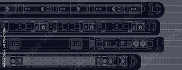Fototapeta Trains set top view. View from above. Modern high-speed express passenger train. Locomotive with wagons on the railroad. Railway station. Vector illustration. Realistic design. Outline.