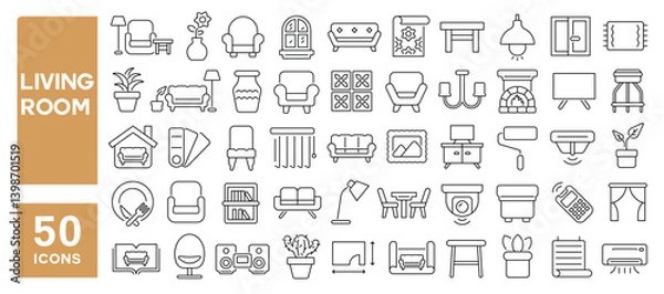 Fototapeta Set of 50 line icons related to living room, sofa, chair, table, decoration, interior, dining, furniture, devices, modern, couch, lounge, Editable stroke. Vector illustration