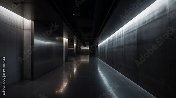 Fototapeta Minimalist urban tunnel sleek concrete walls soft ambient lighting subtle reflections on polished floors moody nighttime atmosphere ultrasharp details v ar Image