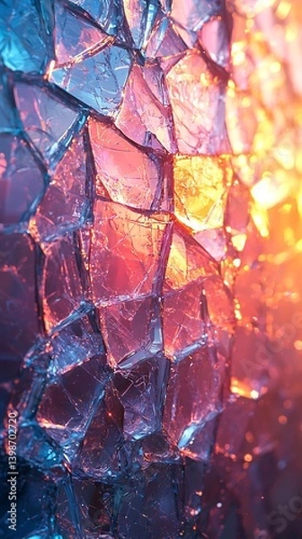 Fototapeta Shattered glass fragments, suspended in mid-air, refracting vibrant light into a spectrum of colors against a gradient backdrop.
