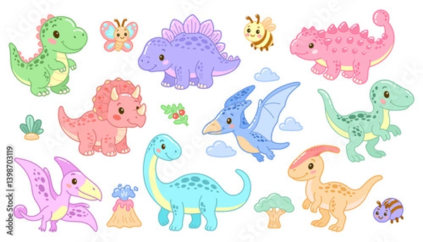 Fototapeta Vector set of colorful cartoon dinosaurs and cute animals 