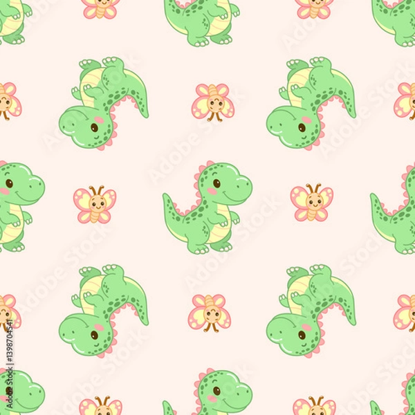 Fototapeta Seamless dinosaur and butterfly pattern in soft pastel tones 