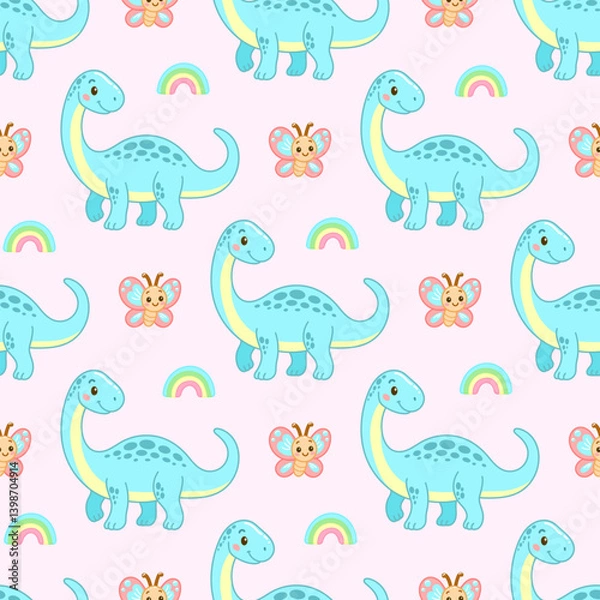 Fototapeta Smiling blue dinosaur seamless pattern with butterflies and rainbows on pink background