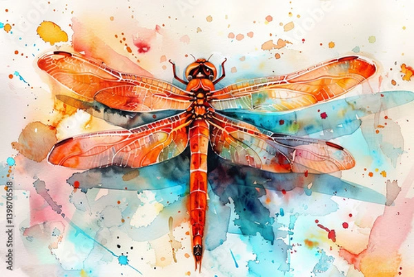 Fototapeta Watercolor painting of a dragonfly with detailed wings and a colorful abstract background