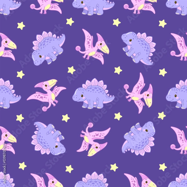 Fototapeta Adorable dinosaur and star seamless pattern in pastel colors 