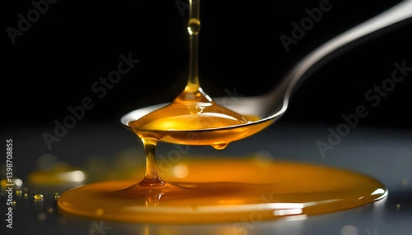 Fototapeta A silver spoon gracefully pouring golden, glistening honey, creating a delicious pool below.