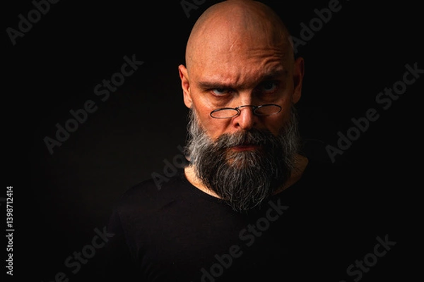 Fototapeta Intense bald man with a grey beard and round glasses making a small pinch gesture. Low key portrait with dramatic lighting and expressive face on black background