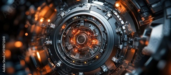 Fototapeta Abstract futuristic metallic machine core with glowing orange light.