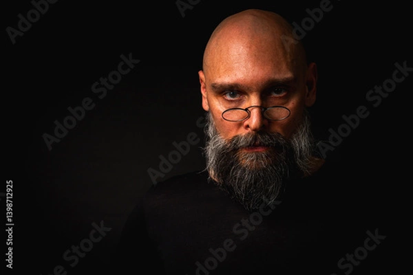 Fototapeta Intense bald man with a grey beard and round glasses making a small pinch gesture. Low key portrait with dramatic lighting and expressive face on black background