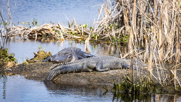 Obraz Large American alligators basking on mud banks at Savannah National Wildlife Refuge in Georgia.