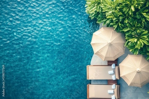 Obraz Top View of Luxury Swimming Pool with Lounge Chairs and Palm Trees in Summer Resort