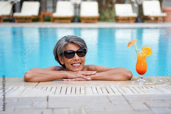 Fototapeta Smiling Woman Relaxing in Pool with Tropical Cocktail at Resort