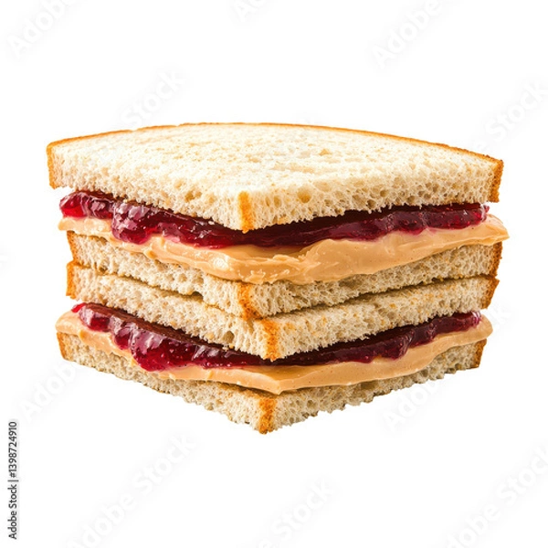 Fototapeta Delicious peanut butter and jelly sandwich stacked on a clean white background