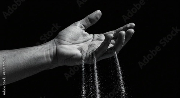 Fototapeta A hand holds sand that is slipping through the fingers, with a dark and blurred background. The image is in black and white, giving it a dramatic and timeless quality.