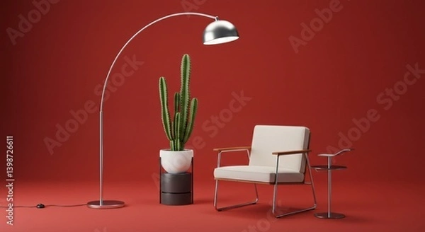 Fototapeta A silver arched floor lamp stands next to a potted cactus and a cream upholstered chair with wooden arms against a solid red background. The image showcases a modern and stylish interior design setup.