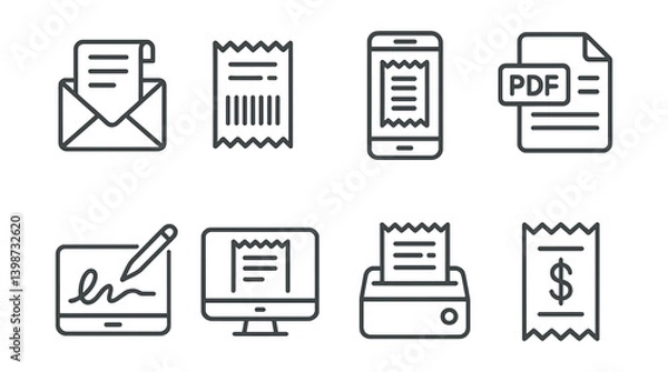 Fototapeta Set of icons for various office supplies, including a pen, a keyboard