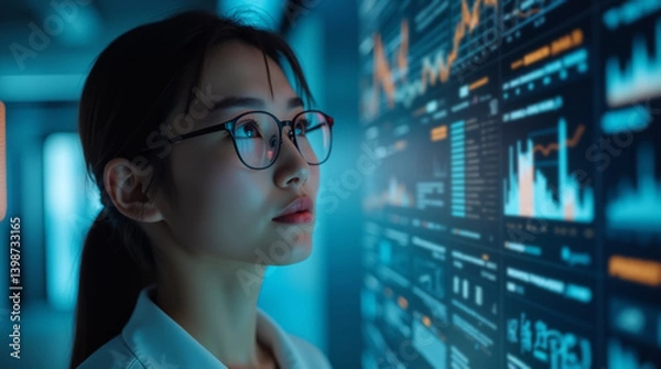 Obraz Young Asian woman in glasses looking at digital screen analyzing digital data trends