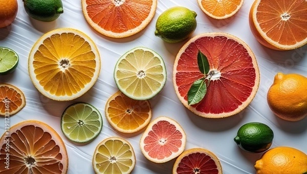 Fototapeta Healthy Citrus Fruit Arrangement with Slices on White

