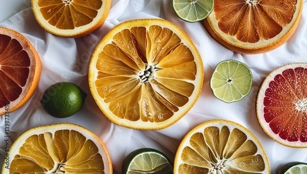 Fototapeta Colorful Citrus Fruits Cut and Displayed on White Table

