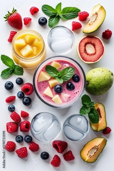 Fototapeta Mixed Fruit and Mint Smoothie Ingredients on White Background – Top View Layout

