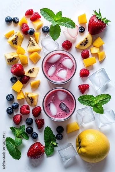 Fototapeta Refreshing Smoothie Elements Flat Lay – Fruit Mix, Ice Cubes, and Mint Leaves

