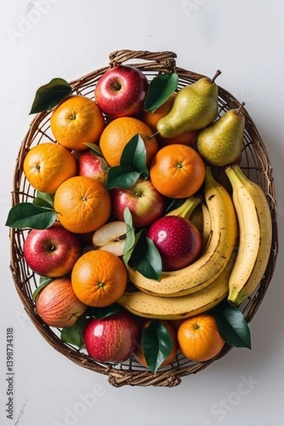 Fototapeta Overhead Shot of Assorted Fruits in Basket – Clean Background, Natural Food

