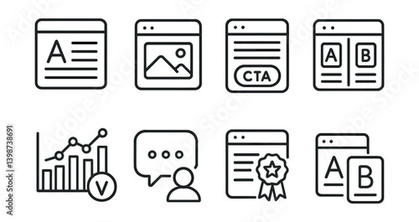 Fototapeta Line of icons for a website, including a chat box, a rating system, and a star