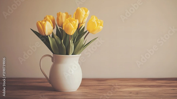 Fototapeta Yellow tulips in a ceramic jug on a wooden table with warm sunlight and soft shadows, cozy spring floral arrangement for home decor, seasonal greetings, and lifestyle content

