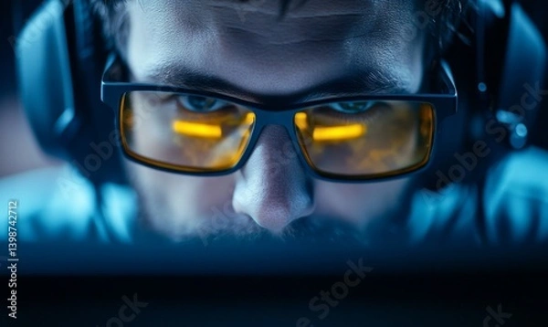 Fototapeta A closeup of a focused gamer wearing glasses and a headset, fully immersed in an esports competition