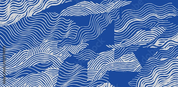 Fototapeta Crafted hand drawn brush lines abstract wave and water collage pattern, Japanese wood carving, engraving texture background, simple and experimental graphic for carpet, textile