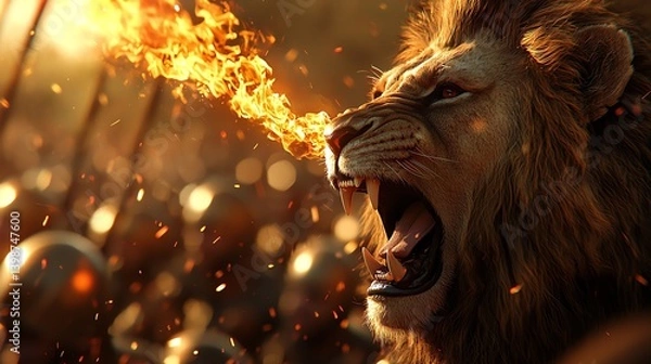 Fototapeta A fierce lion breathes fire in a dramatic setting, showcasing its strength and power