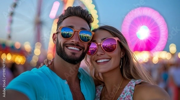 Fototapeta A smiling man captures joyful and entertaining moments at a vibrant, colorful carnival beneath the night sky