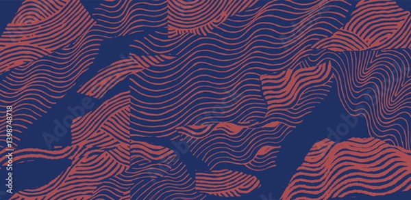 Fototapeta Crafted hand drawn brush lines abstract wave and water collage pattern, Japanese wood carving, engraving texture background, simple and experimental graphic for carpet, textile