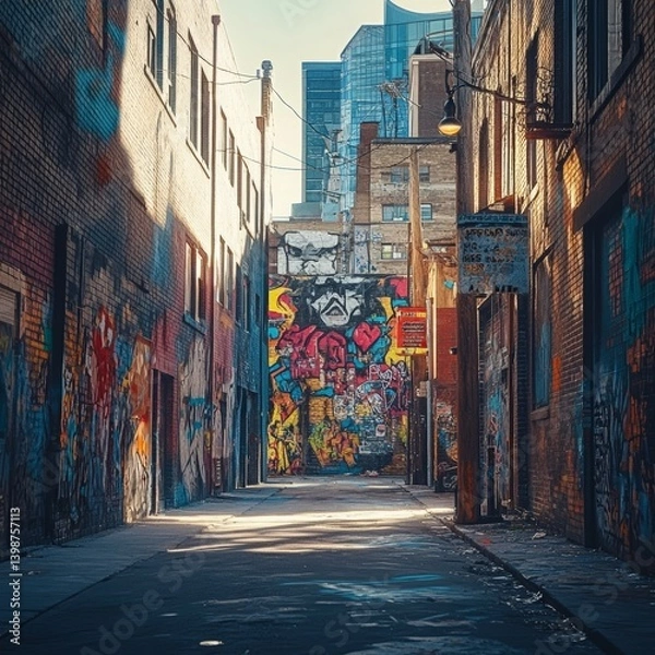Fototapeta a narrow urban alley transformed by vibrant modern street art and minimalistic architectural details isolated on a plain background  a gritty alley with bold creative murals and clean urban textures 