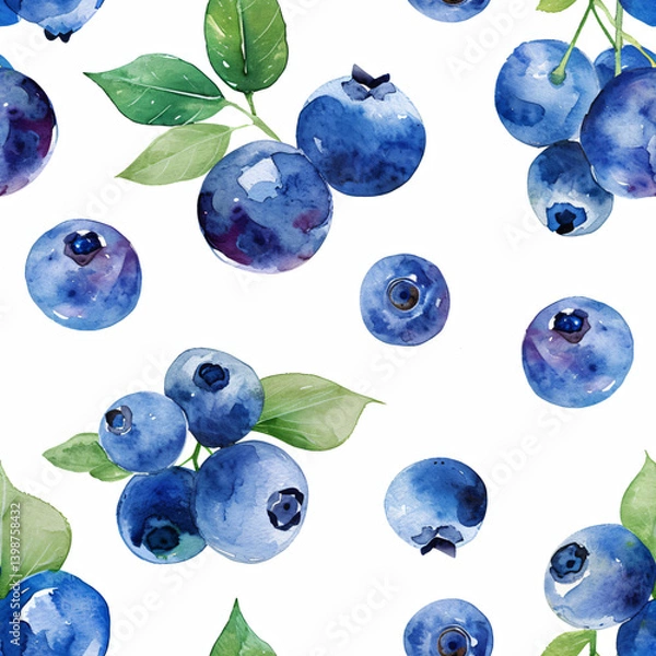 Obraz Seamless patterns with blueberries and bilberries in watercolor style on a white background. For printing on wrappers, fabrics and textiles for postcards about vitamins and superfoods.