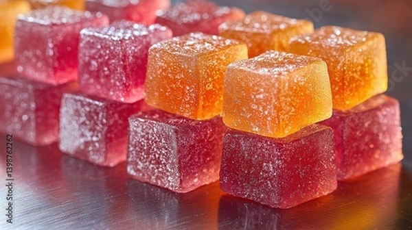 Fototapeta Stacked creatine gummies creating vibrant contrast on brushed steel surface