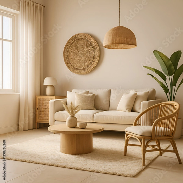 Fototapeta Scandinavian Boho Living Room with Rattan Accents and Soft Neutrals – 3D Illustration