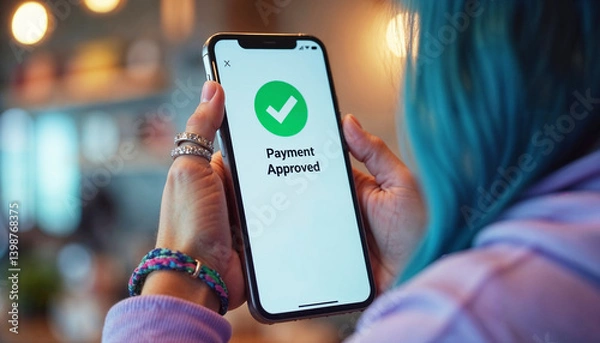 Obraz Teenage girl holding smartphone with payment approved notification and green checkmark displayed on screen, confirming successful transaction in online shopping or banking, over the shoulder view