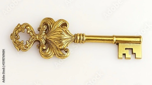Obraz A classic skeleton key made of gold, featuring an intricate baroque-style bow, well-defined engravings, and a reflective metallic sheen on white.
