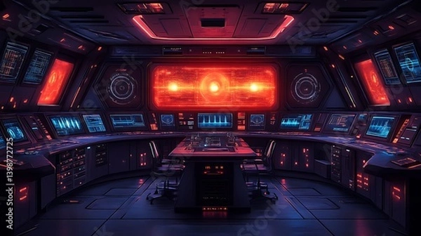 Fototapeta Spaceship Bridge with Red Alert.